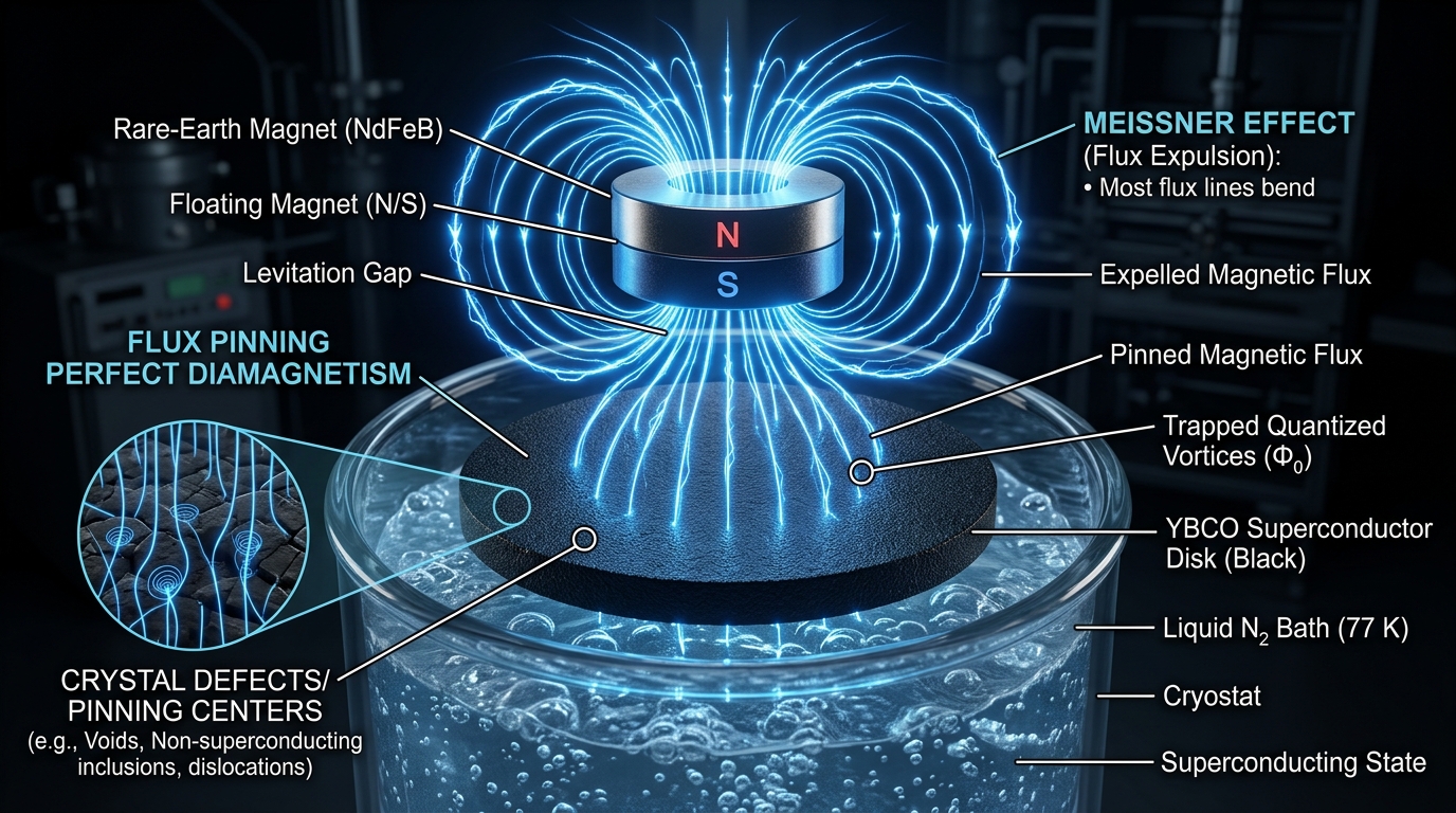 Meissner Effect and Quantum Flux Pinning Diagram with Levitating Magnet over Superconductor