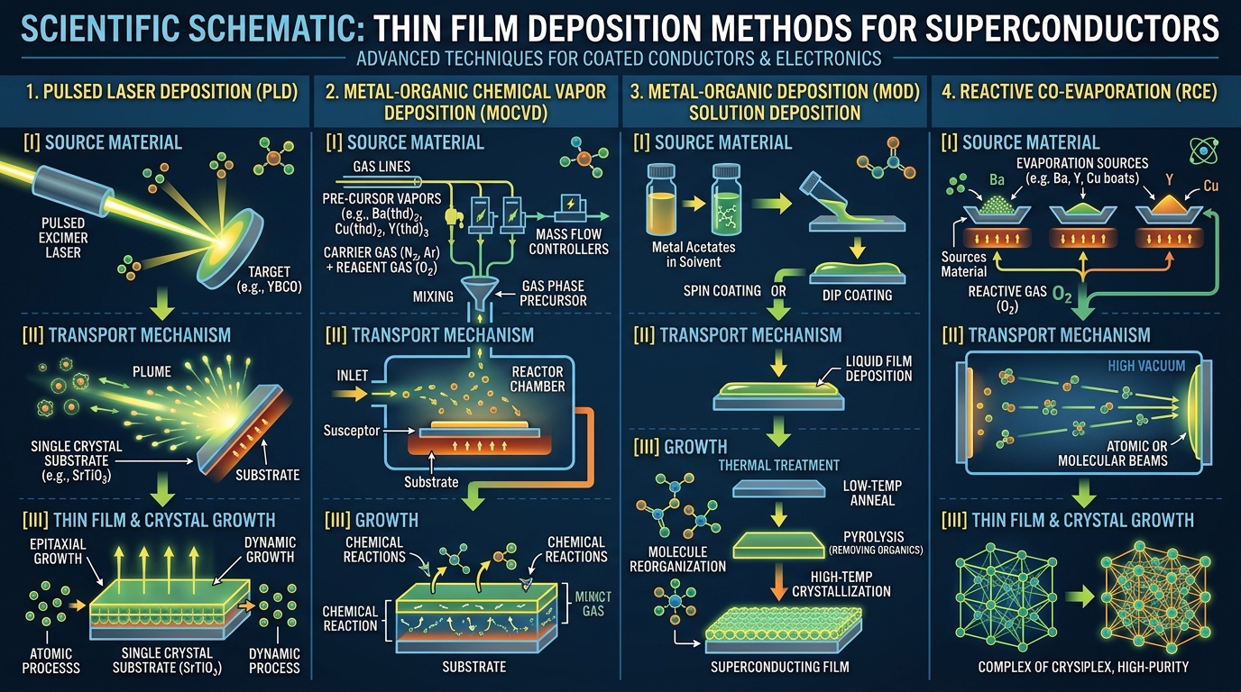 Schematic comparison of PLD, MOCVD, MOD, and RCE superconductor thin film deposition methods